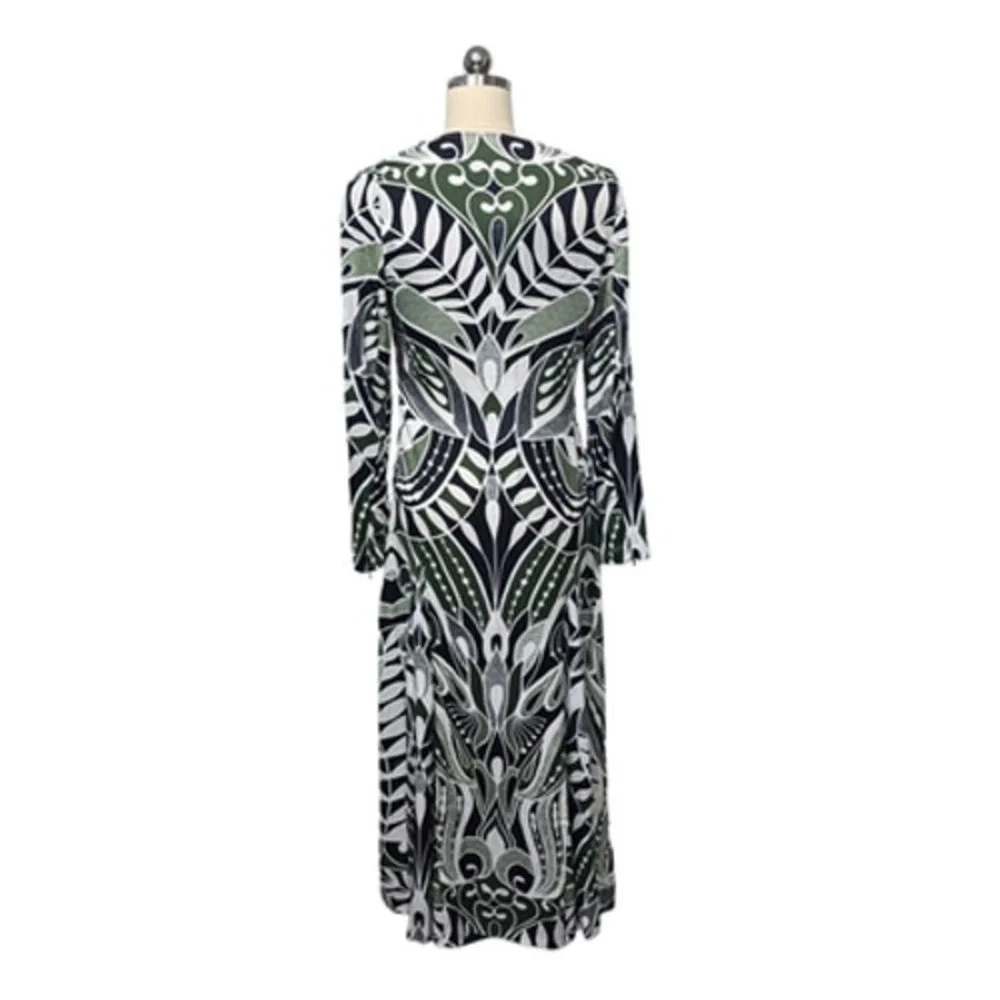Farm Rio Dress Womens Small Black‎ Green Leaf Print Maxi Long Sleeve Viscose - Picture 3 of 13